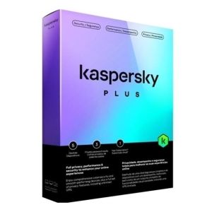 Kaspersky Plus software box with a purple-to-blue gradient, brand name visible, indicating antivirus/security product