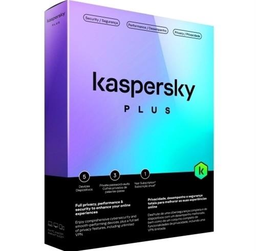 KL104295EFS-PAPDVDNOCD - Computech-Solutions Kaspersky Plus software box with a purple-to-blue gradient, brand name visible, indicating antivirus/security product