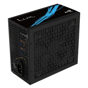 Black PC power supply unit (PSU) with side ventilation grille, rear exhaust fan, and blue LUX branding present in an angled view.