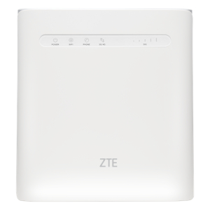 White ZTE wireless router or mobile hotspot with status LEDs along top edge and subtle ZTE logo in the center bottom.