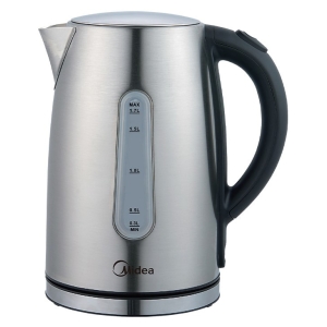 Stainless steel electric kettle with black handle and a vertical water-level gauge from 0.3 to 1.7 L, brand Midea visible
