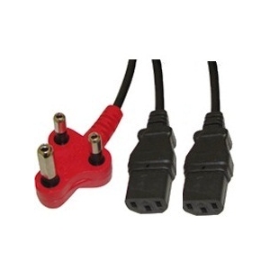 Red power adaptor with four-pin male block on one end and two IEC C13 female sockets on the other, used to split power to two devices.