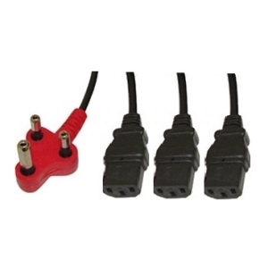 Red 3-pin power plug on the left with three gold pins; three black IEC C13 connectors on cables on the right.