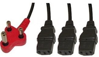 PC-6D3IC13BK38 - Computech-Solutions Red 3-pin power plug on the left with three gold pins; three black IEC C13 connectors on cables on the right.