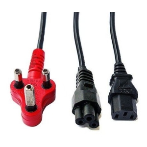 Red NEMA power plug on the left with two IEC power connectors (C13/C14) on the right. Used to connect devices to mains power.