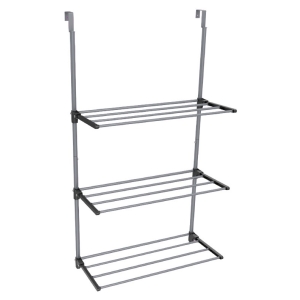 Three‑tier freestanding metal storage rack with open wire shelves and vertical supports in gray
