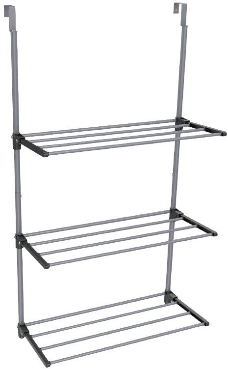SCDR6 - Computech-Solutions Three‑tier freestanding metal storage rack with open wire shelves and vertical supports in gray