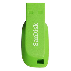 Green Sandisk USB flash drive in lime green with white logo, viewed from the top edge side.