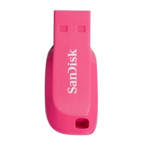 Pink SanDisk USB flash drive photographed from the top, showing the USB connector end and branding on the body
