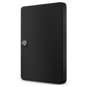 External hard drive, black with diagonal stripe texture and Seagate logo on lower left corner