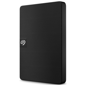Black portable external hard drive with a diagonal striped texture and a small logo badge in the corner.