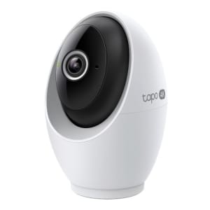 White indoor smart home security camera (dome style) facing slightly left on a white background.