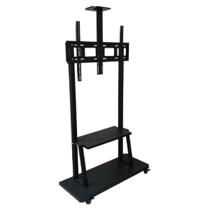 Mobile TV cart with a wall mount bracket, two vertical support posts, a swiveling/adjustable mounting plate, and a lower shelf on wheels for easy transport.