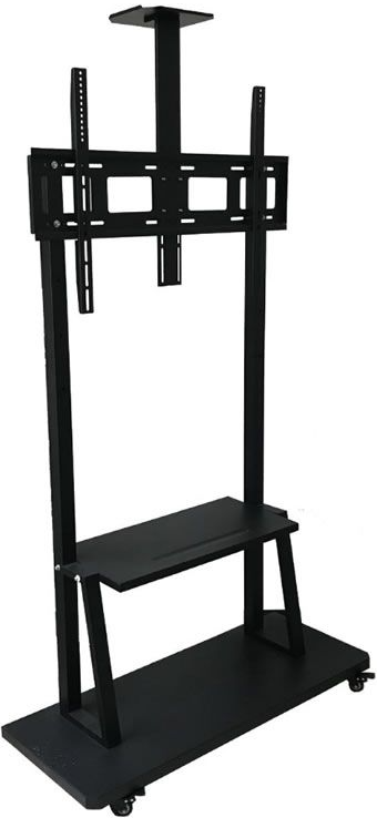 UNIQ-1800S - Computech-Solutions Mobile TV cart with a wall mount bracket, two vertical support posts, a swiveling/adjustable mounting plate, and a lower shelf on wheels for easy transport.
