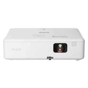 V11HA84240 - Computech-Solutions Front view of a white Epson projector with the lens on the right side and vents on the left edge
