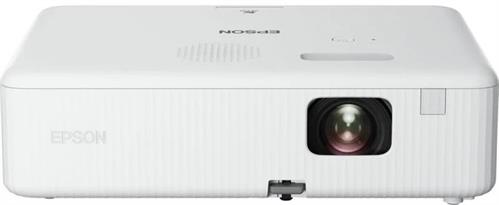 V11HA84240 - Computech-Solutions Front view of a white Epson projector with the lens on the right side and vents on the left edge
