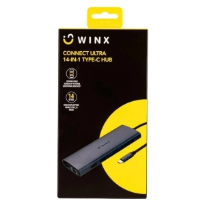 WX-HB113 - Computech-Solutions Front of WINX Connect Ultra 14-in-1 Type-C Hub packaging, showing a gray USB-C hub against a black and yellow design.