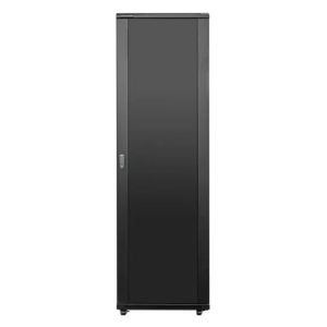 ZA-CAB42U - Computech-Solutions Tall black metal server rack cabinet with a locked door on wheels.