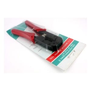 Crimping tool with red handles in blister packaging, used for electrical connectors.