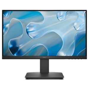 Dell computer monitor on a stand with a blue abstract wallpaper on the screen.
