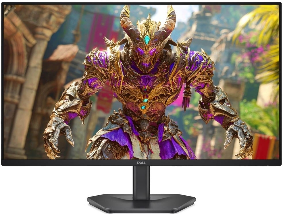 210BTSP ComputechSolutions Dell monitor on a stand displaying a fantasy game scene featuring a gold and purple armored demon-like character in a vibrant town setting