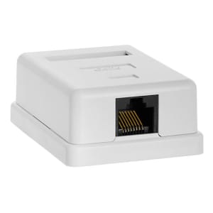 White USB-to-Ethernet adapter with two USB ports on top and an RJ-45 port on the front.