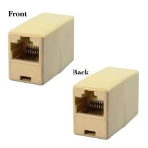 Two beige modular jack components shown from the front and back, with visible metal contact springs.
