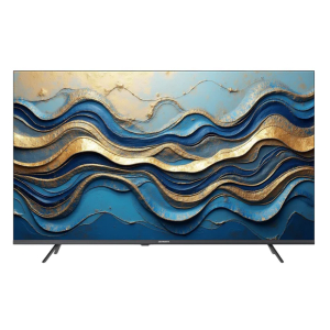 32Q5600K - Computech-Solutions Flat-screen TV displaying an abstract blue-and-gold wave pattern, with a slim black bezel and two angled stands.
