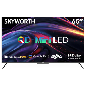 65-inch Skyworth QD-Mini LED TV on a stand with colorful abstract wallpaper and feature logos (Matte Screen Ultra, Google TV, 120Hz, Dolby Vision Atmos)
