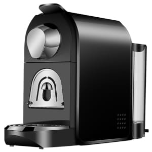 Black espresso machine with a silver portafilter and drip tray on a compact home unit.