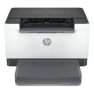 HP laser printer with the output tray extended and front paper tray pulled out for loading or collecting pages.