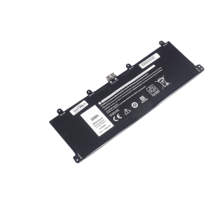 Black laptop battery with warning labels, barcodes, and 30Wh marking on a white background, angled on the surface.