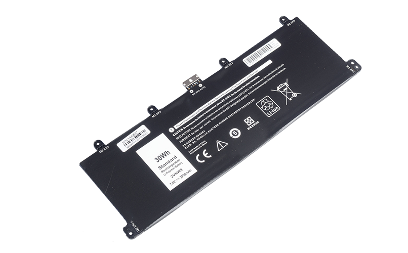BATDL15401A-F - Computech-Solutions Black laptop battery with warning labels, barcodes, and 30Wh marking on a white background, angled on the surface.
