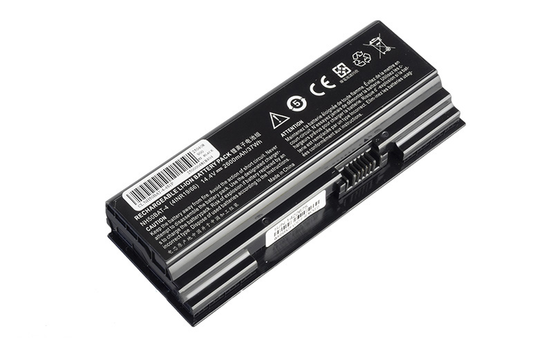 BATGB00401A-F - Computech-Solutions Black rectangular laptop battery with a connector edge and warning labels on top, laid on a white background.