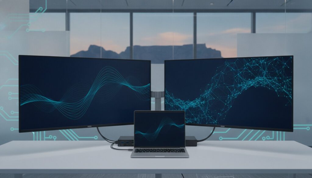 Dual monitors flanking a laptop on a white desk in a modern office; screens show blue wave and network graphics.