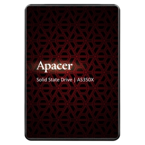 Apacer solid-state drive AS350X displayed on a red geometric patterned background.