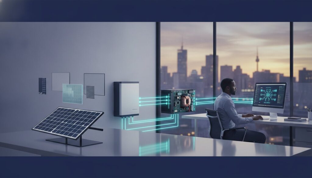 A man works at a desk as solar-panel technology links via glowing blue lines to computer components in a futuristic office setting with a city skyline outside the window.