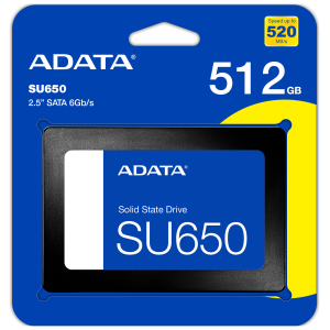 ADATA SU650 512GB SSD packaging showing blue card with yellow accent and 'Solid State Drive SU650' text.