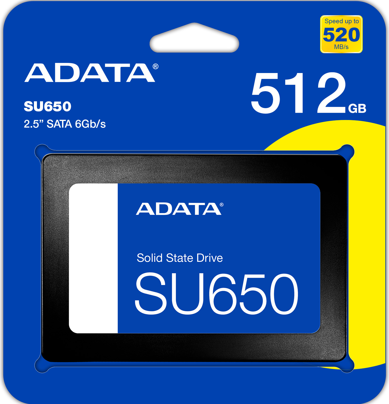 ASU650SS-512GT-R - Computech-Solutions ADATA SU650 512GB SSD packaging showing blue card with yellow accent and 'Solid State Drive SU650' text.