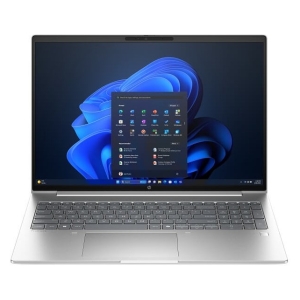 C38L5AT - Computech-Solutions Open silver HP laptop displaying Windows 11 Start menu over blue abstract wallpaper.