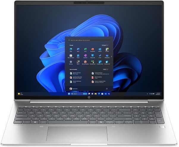 C38L5AT - Computech-Solutions Open silver HP laptop displaying Windows 11 Start menu over blue abstract wallpaper.