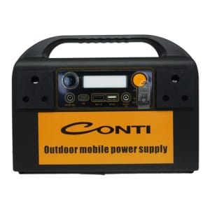 Portable outdoor power supply (power station) with handle and front control panel, orange Conti label on the front.