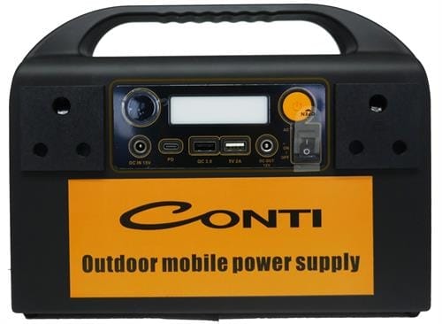 CI300A ComputechSolutions Portable outdoor power supply (power station) with handle and front control panel, orange Conti label on the front.