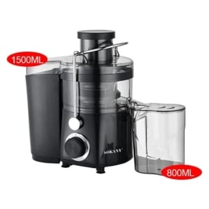 CSYSK01022 ComputechSolutions Sokany juicer with a large juice jug on the left and a pulp container on the right; labeled 1500ml and 800ml.