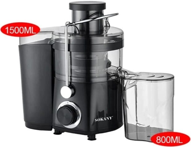 CSYSK01022 ComputechSolutions Sokany juicer with a large juice jug on the left and a pulp container on the right; labeled 1500ml and 800ml.
