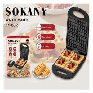 CSY-SK08035 - Computech-Solutions Sokany Waffle Maker SK-08035 open with four waffles topped with fruit; packaging and product features visible in the background.