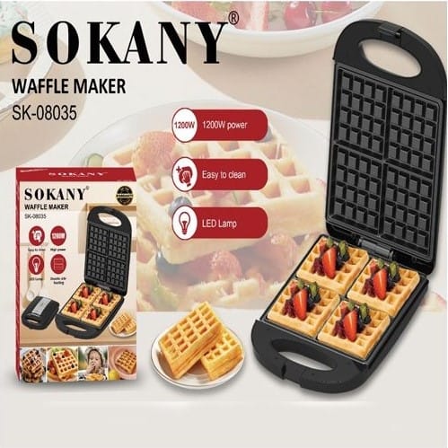 CSYSK08035 ComputechSolutions Sokany Waffle Maker SK-08035 open with four waffles topped with fruit; packaging and product features visible in the background.