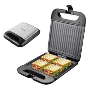CSYSK08053 ComputechSolutions Open electric panini press with four grilled sandwiches inside, on a white background.