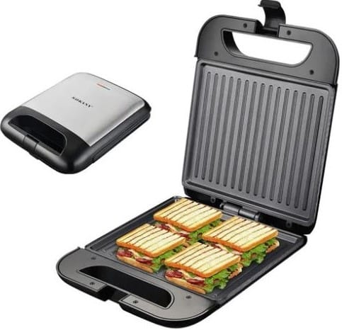 CSYSK08053 ComputechSolutions Open electric panini press with four grilled sandwiches inside, on a white background.