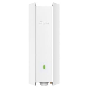 EAP610 OUTDOOR ComputechSolutions White TP-Link Wi‑Fi range extender mounted on a wall with a green status LED indicating power/connection